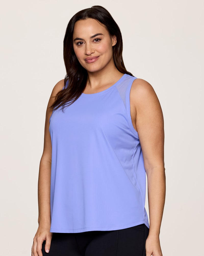 Front of a model wearing a size 3X Plus On The Run Tank in Periwinkle by RBX Active. | dia_product_style_image_id:348451